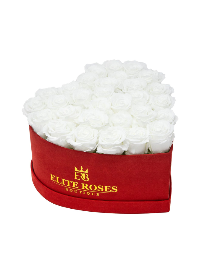 Pure white roses in a medium heart box